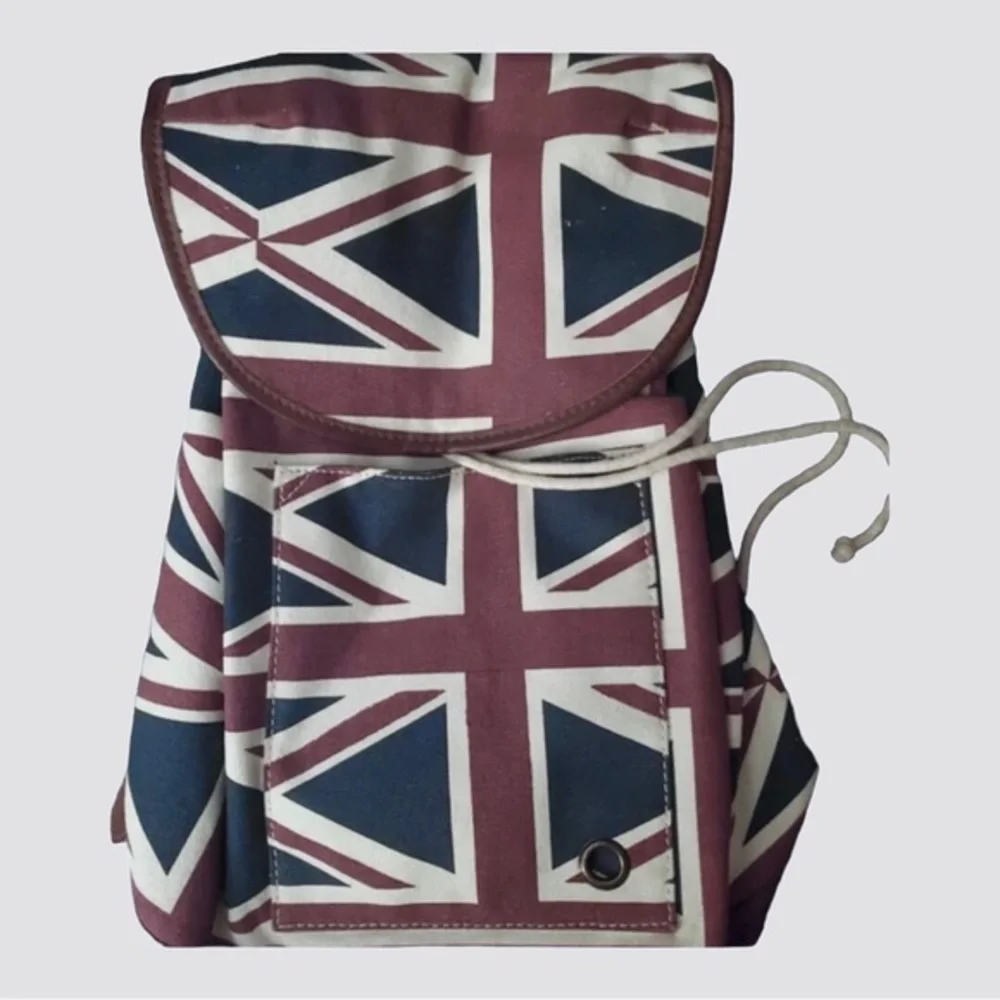 Union Jack British England UK canvas faux‎ leather red white & blue backpack